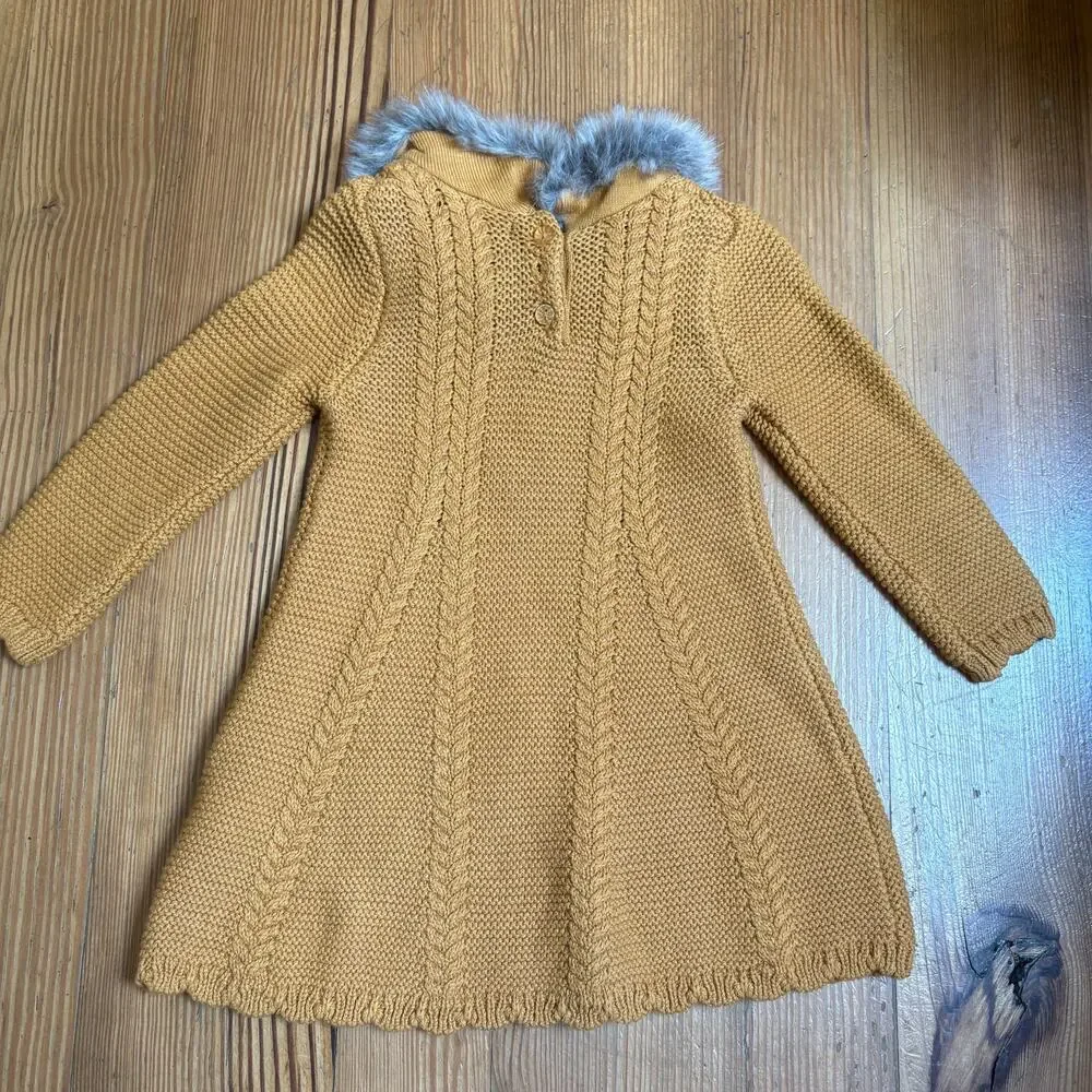 Christian Siriano yellow knit faux fur collar‎ long sleeve dress SIZE 12M